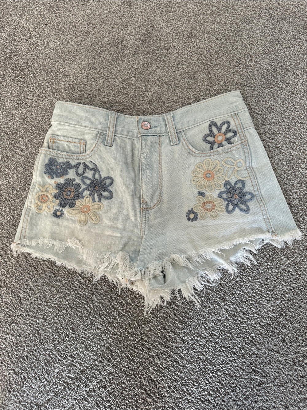 Hollister Light Blue Floral Embroidered Denim Shorts